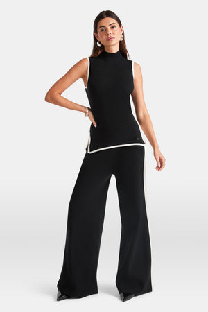 Wide Leg Contrast Ribbed Knit Trousers - Black And Buttermilk