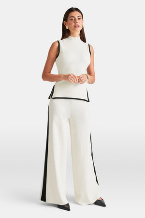 Wide Leg Contrast Ribbed Knit Trousers - Buttermilk And Black