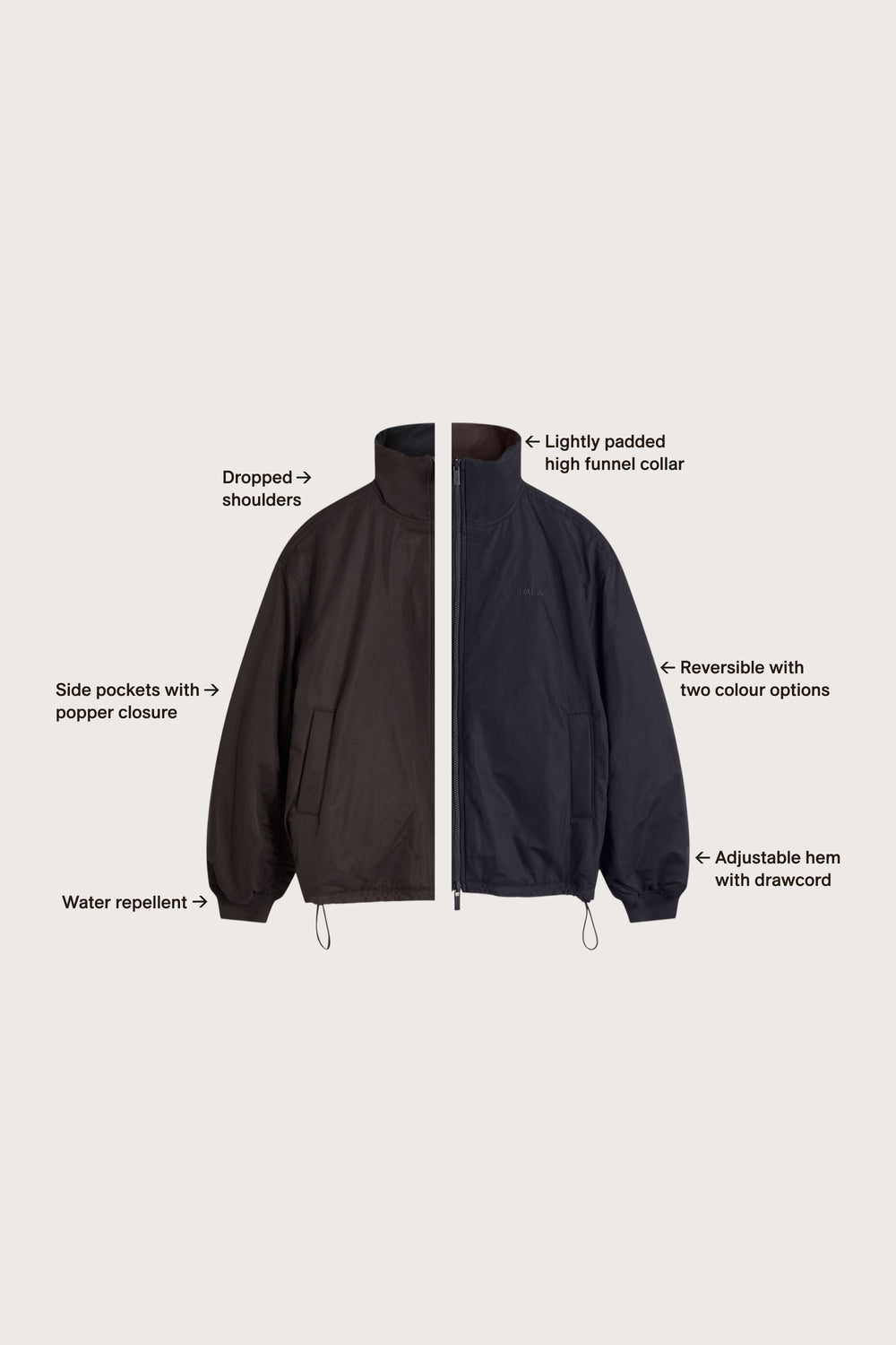Funnel Neck Reversible Bomber - Black / Americano