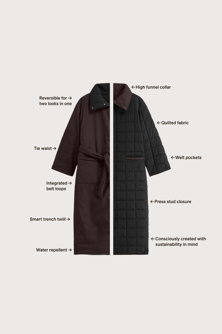 Reversible Tie Waist Padded Coat - Black & Americano