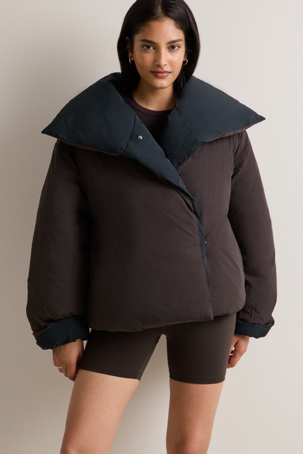 Reversible Wrap Puffer Jacket - Black & Americano
