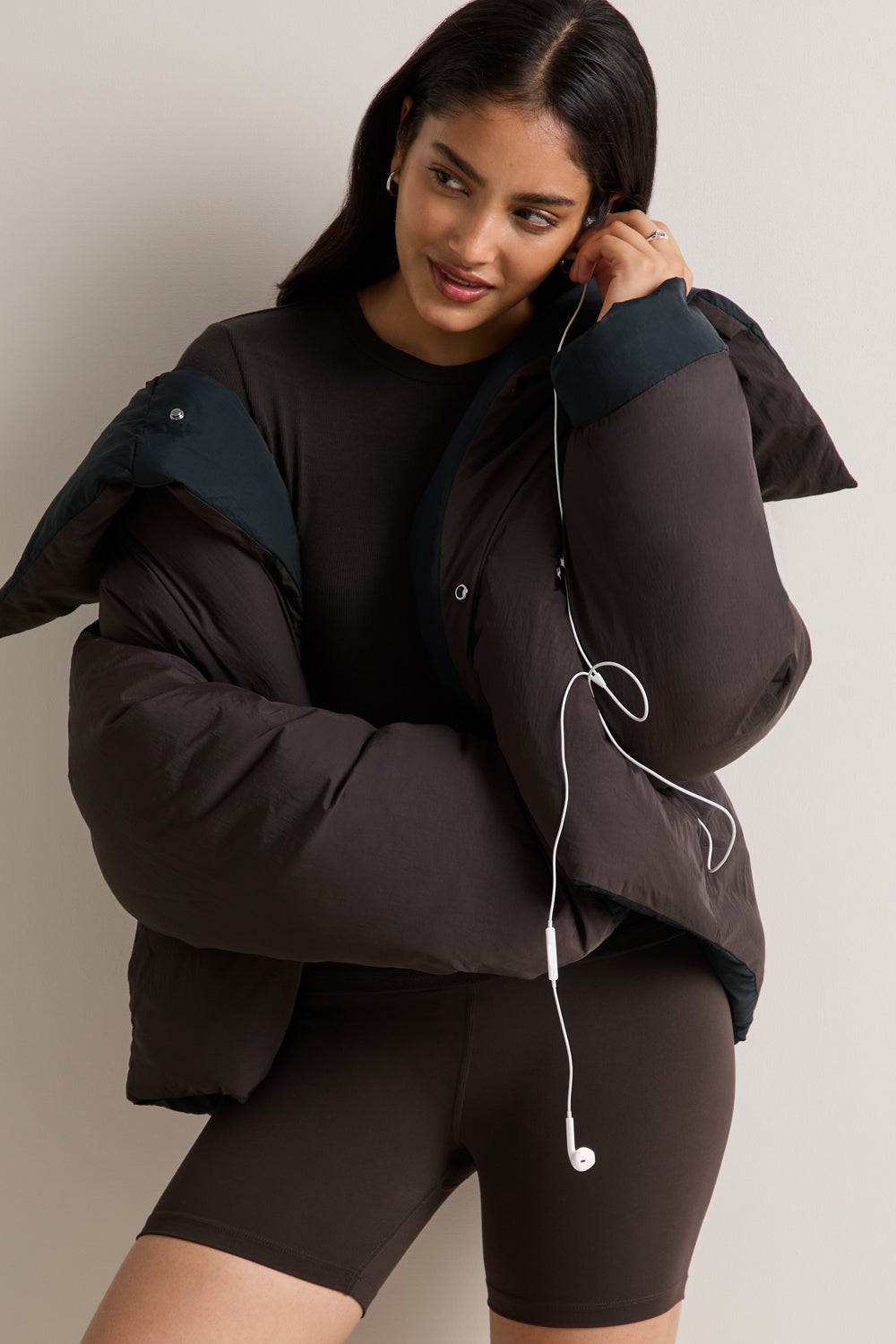 Reversible Wrap Puffer Jacket - Black & Americano