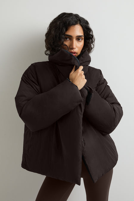 Reversible Wrap Puffer Jacket - Black & Americano