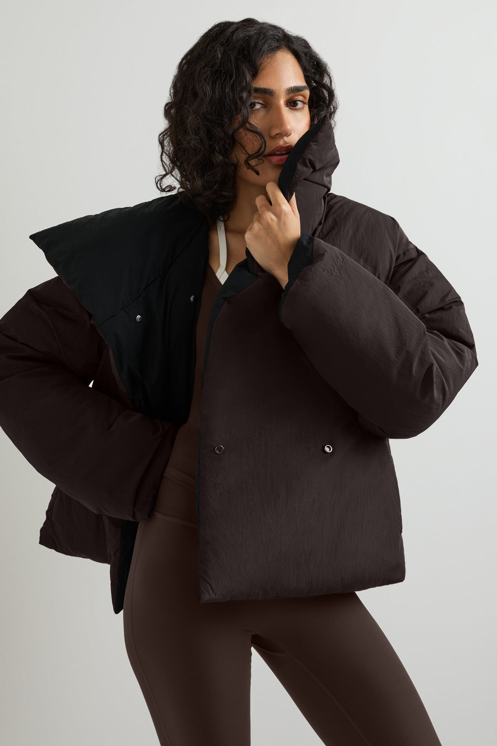 Reversible Wrap Puffer Jacket - Black & Americano