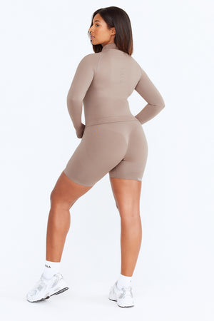 Sculpt Seamless Mock Neck Zip Through Jacket- Pebble Marl