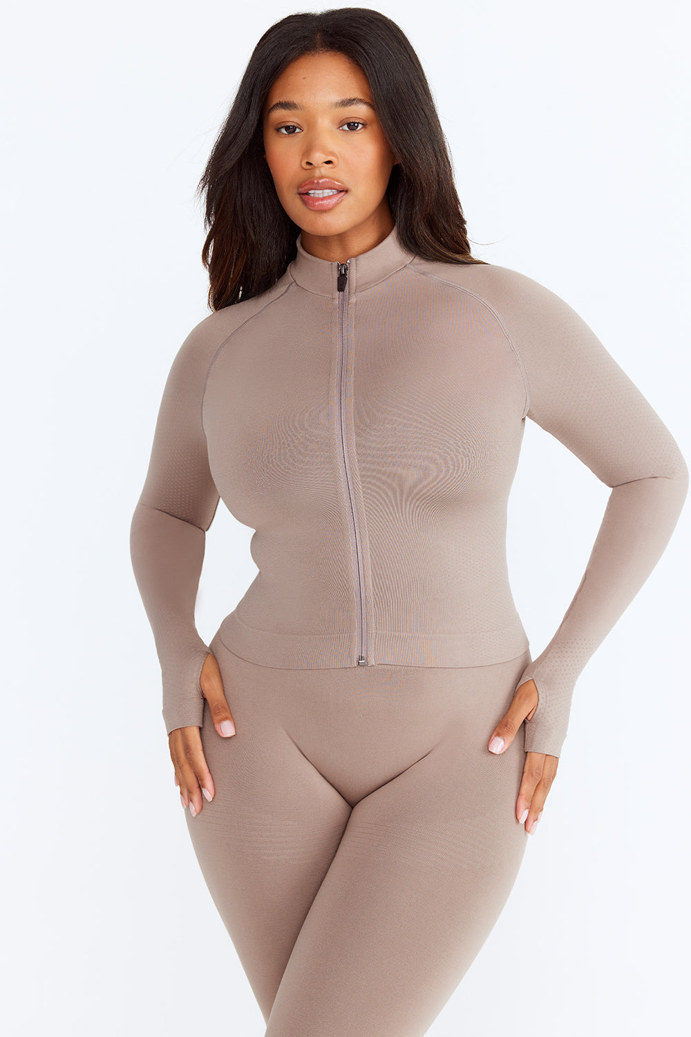 Sculpt Seamless Mock Neck Zip Through Jacket- Pebble Marl