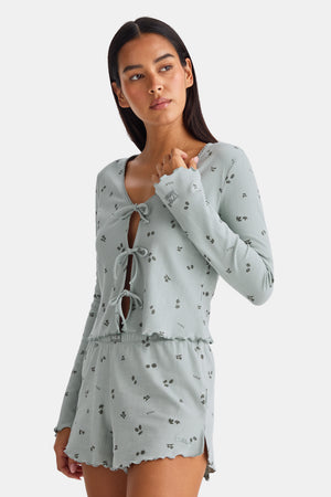 Tie Up Pyjama Cardigan - Sage Woodland Print