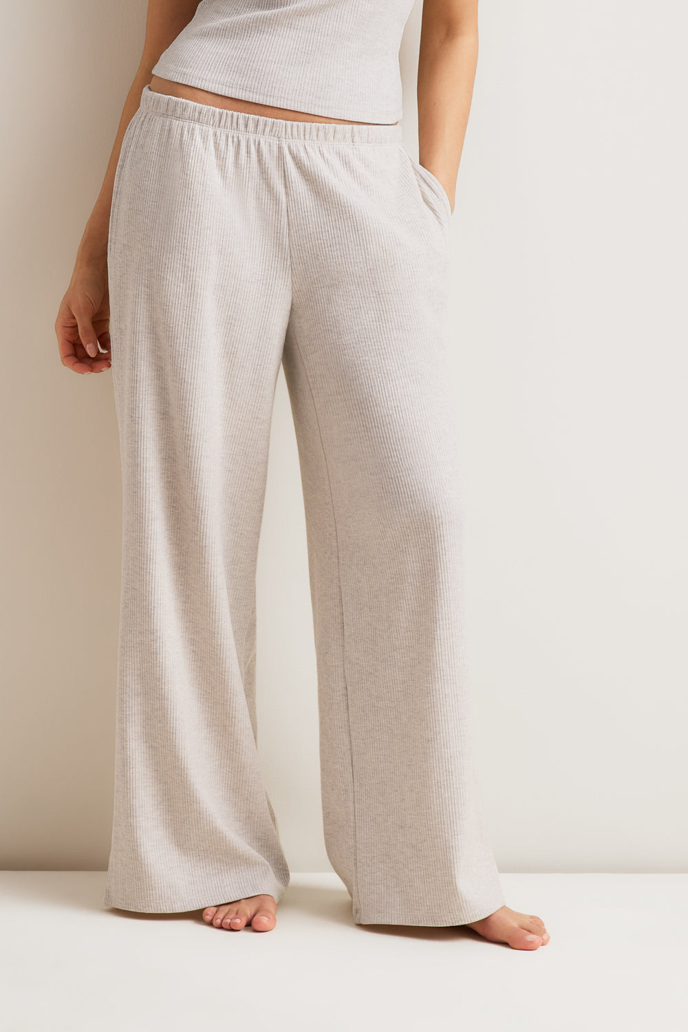 Mid-Rise Wide Led Pyjama Bottoms - Oat Marl