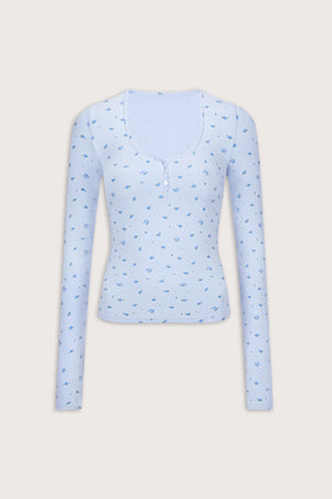 Sweetheart Long Sleeve Pyjama Top - Baby Blue Floral Print