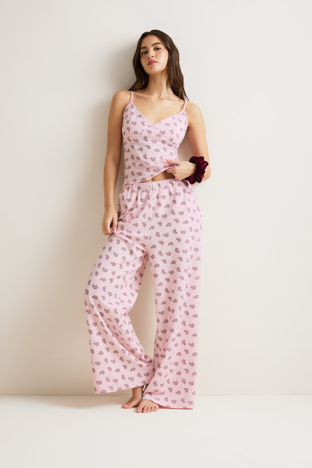 Wide Leg Pyjama Bottoms - Pink Croissant