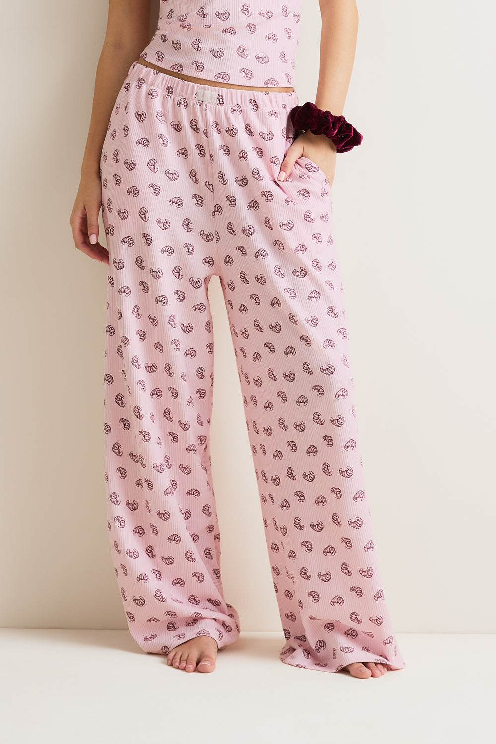 Wide Leg Pyjama Bottoms - Pink Croissant