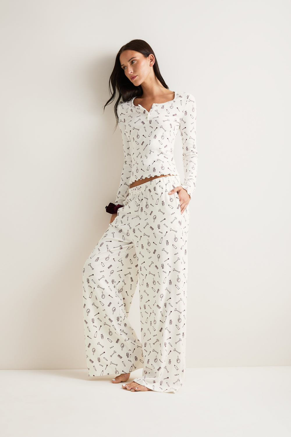 Wide Leg Pyjama Bottoms - Ivory 'Wake Up' Print