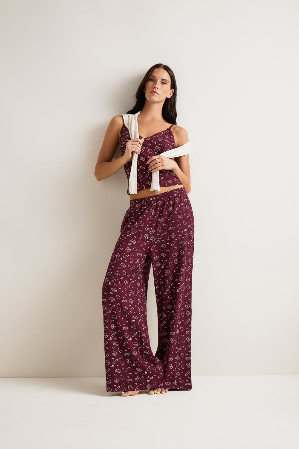 Wide Leg Pyjama Bottoms - Burgundy 'Wind Down' Print