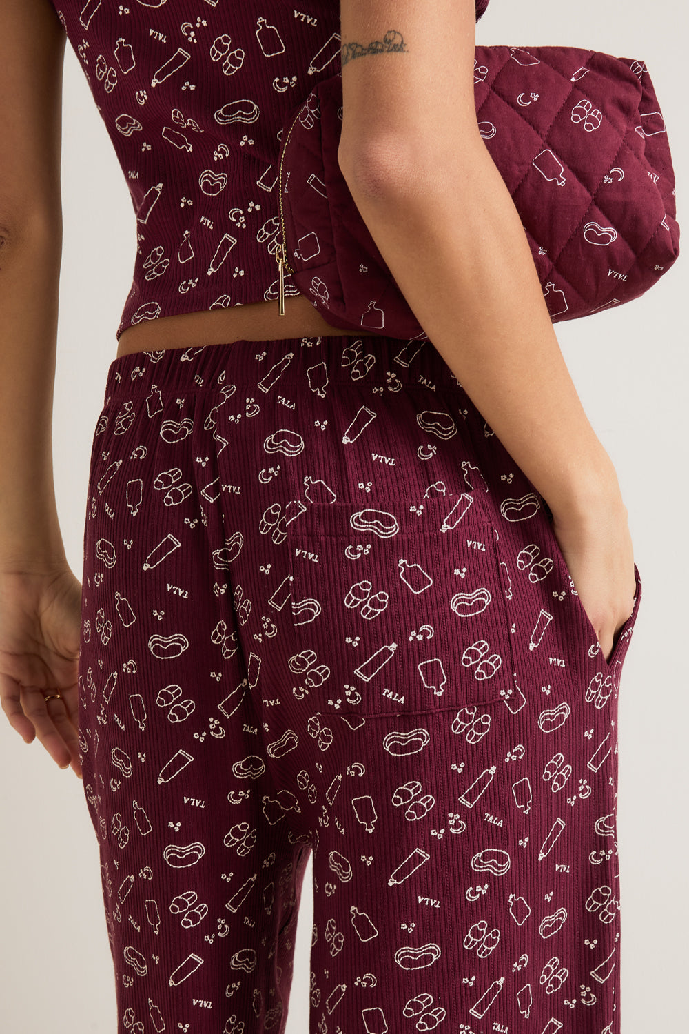 Wide Leg Pyjama Bottoms - Burgundy 'Wind Down' Print