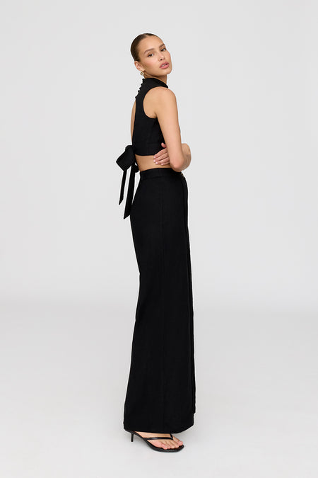 Monaco Linen Blend Mock Neck Tie Back Crop Top - Shadow Black