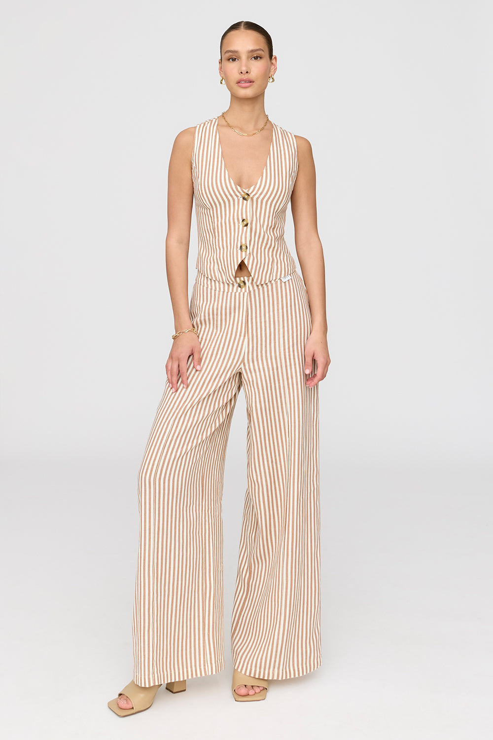 Cyprus Linen Blend Tailored Waistcoat - Taupe Stripe