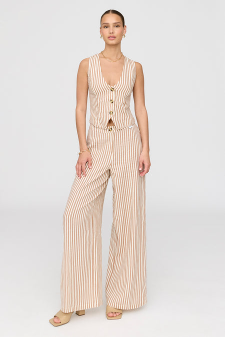 Cyprus Linen Blend Tailored Waistcoat - Taupe Stripe