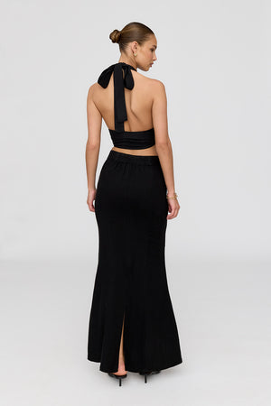 Milos Linen Blend V Waist Maxi Skirt - Shadow Black