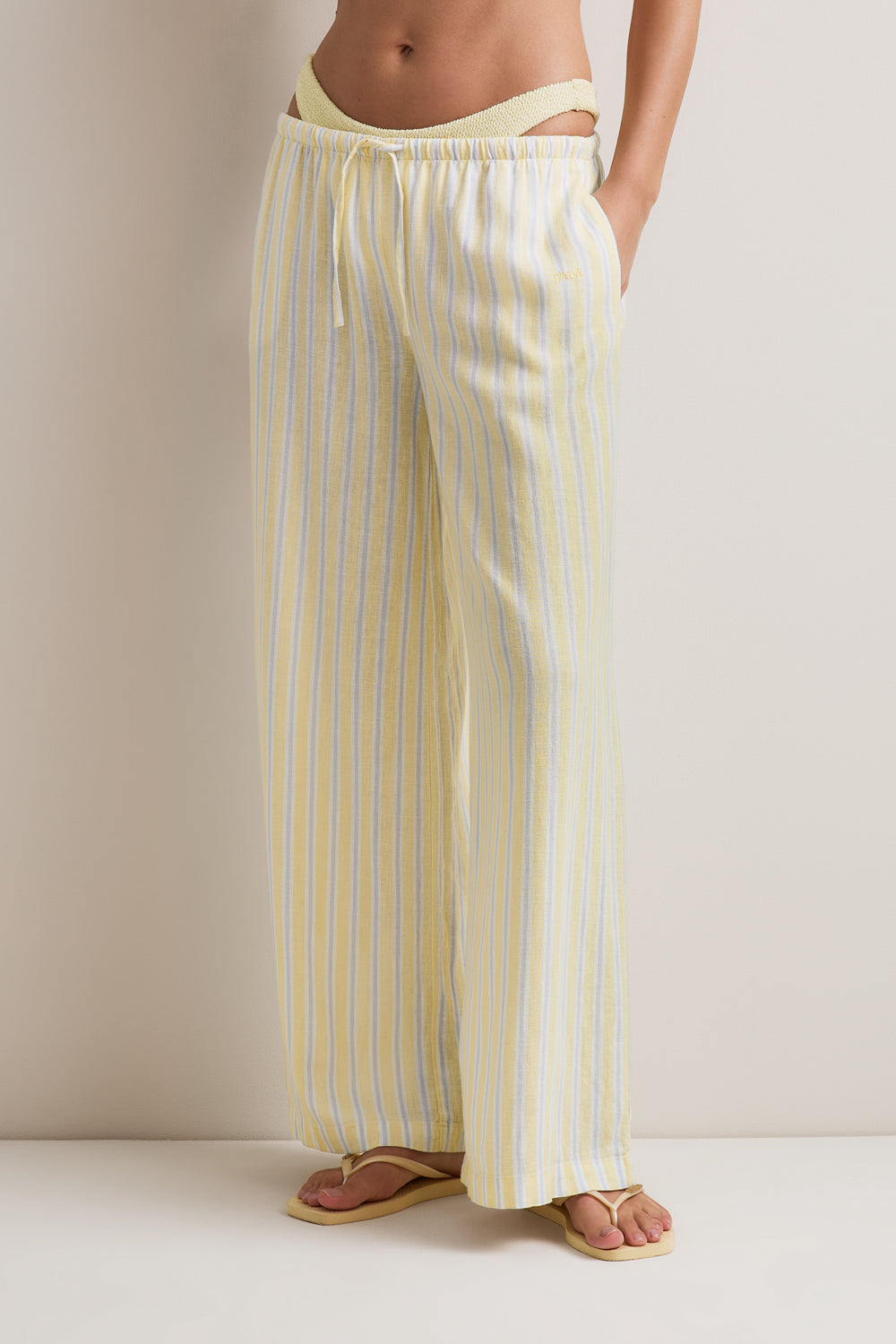 Soft Linen Drawstring Trouser - Lemon / Blue Stripe