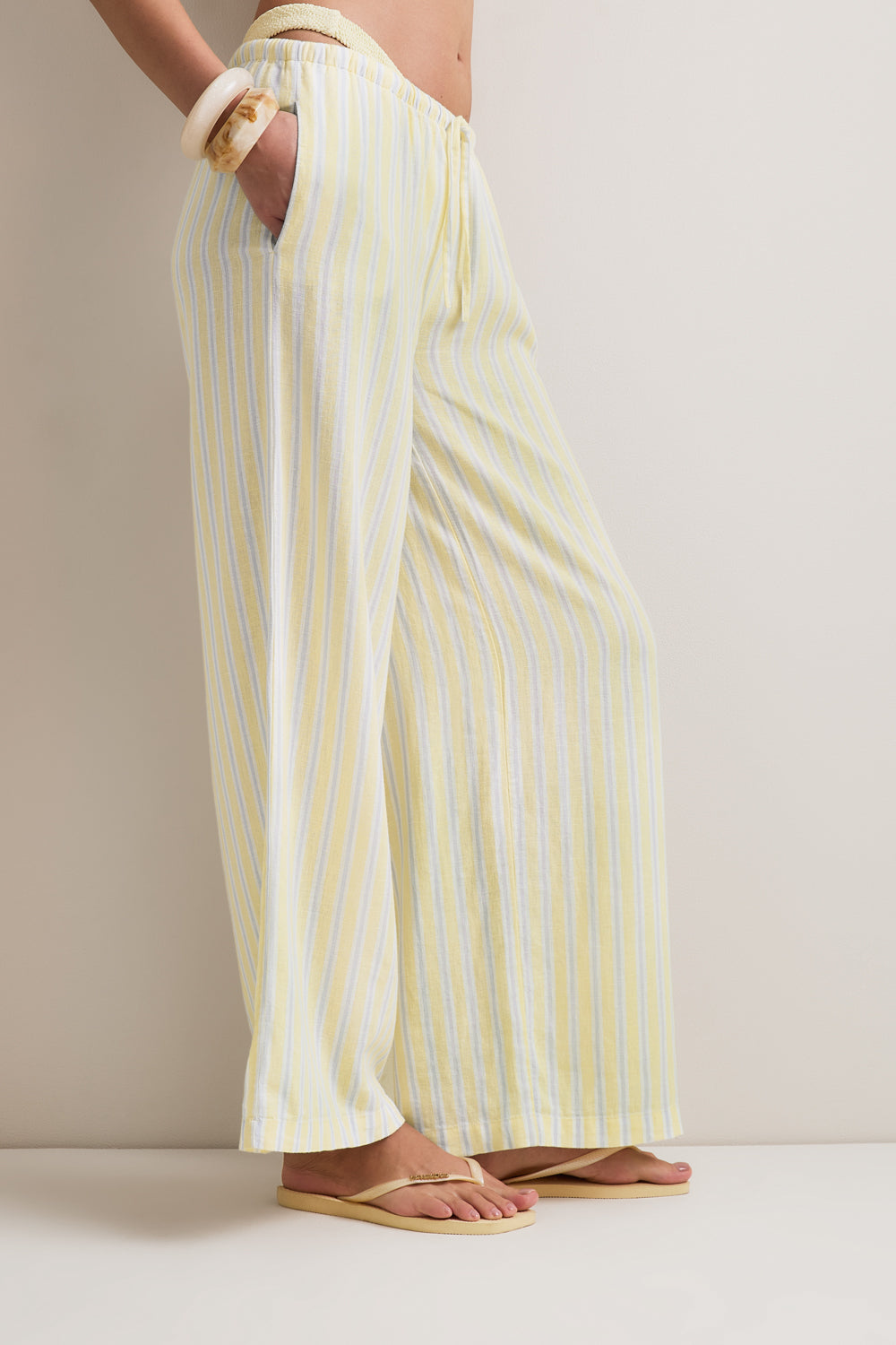 Soft Linen Drawstring Trouser - Lemon / Blue Stripe