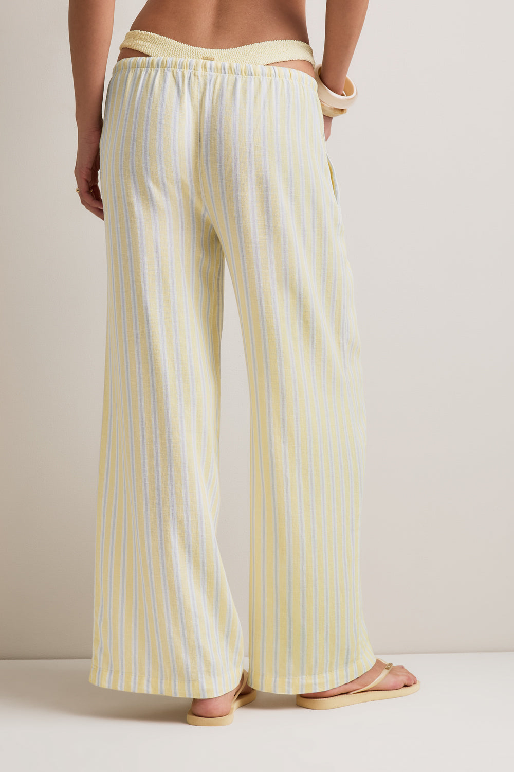 Soft Linen Drawstring Trouser - Lemon / Blue Stripe
