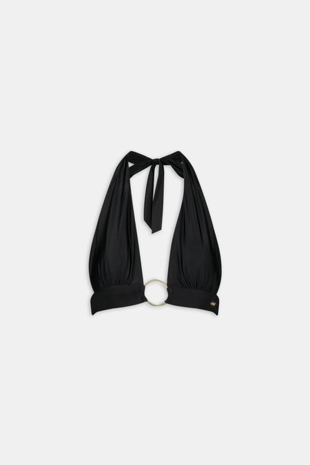 Halter Plunge Gold Ring Bikini Top - Black Onyx