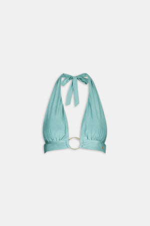 Halter Plunge Gold Ring Bikini Top - Teal