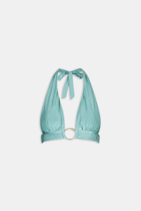 Halter Plunge Gold Ring Bikini Top - Teal