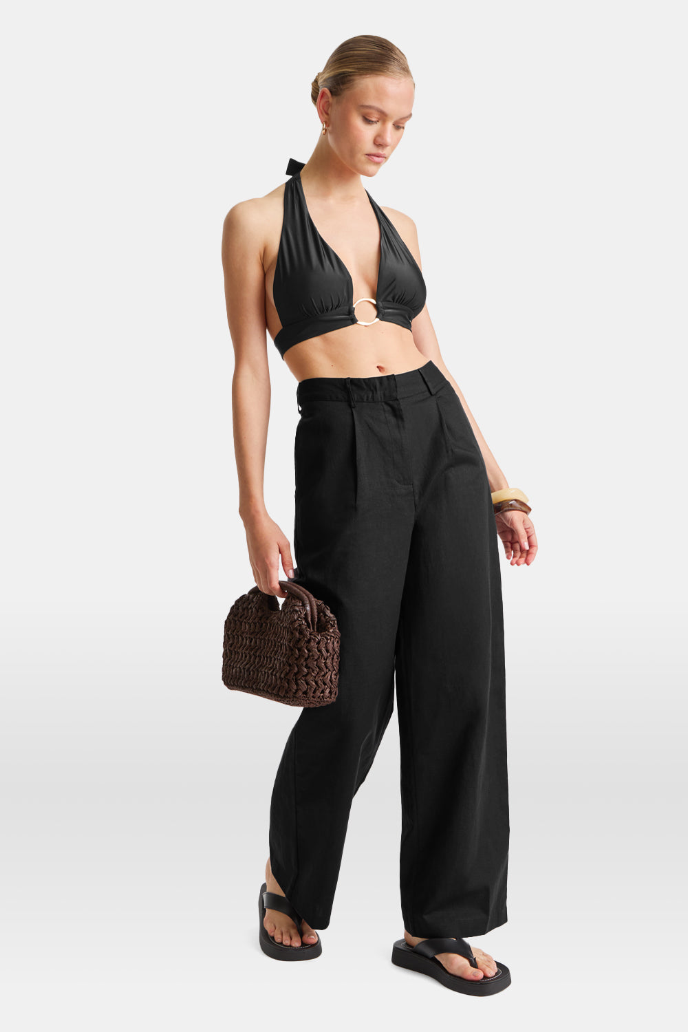 Heavyweight Linen Tailored Wide Leg Trousers - Black Onyx