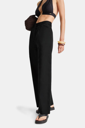 Heavyweight Linen Tailored Wide Leg Trousers - Black Onyx