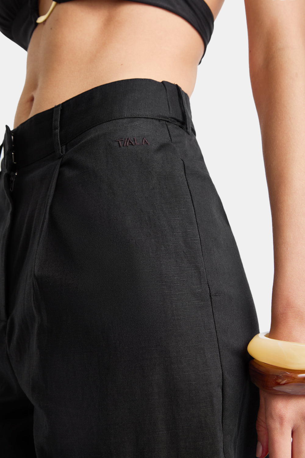 Heavyweight Linen Tailored Wide Leg Trousers - Black Onyx