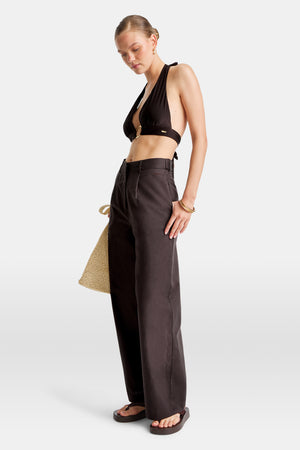 Heavyweight Linen Tailored Wide Leg Trousers - Espresso