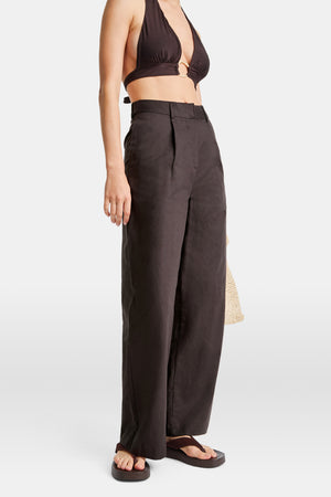 Heavyweight Linen Tailored Wide Leg Trousers - Espresso