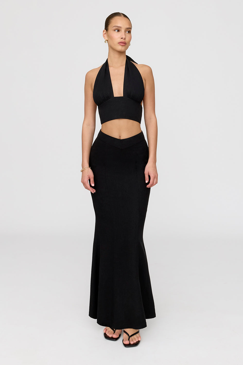 Algarve Linen Blend Multiway Halter Crop Top - Shadow Black