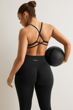 Sculpt Seamless Ruched Cross Back Sports Bra - Black Marl