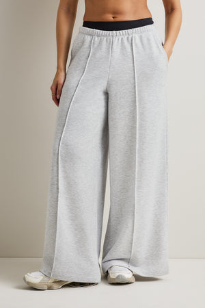 Mid Rise Pintuck Ultra Wide Leg Jogger - Grey Marl