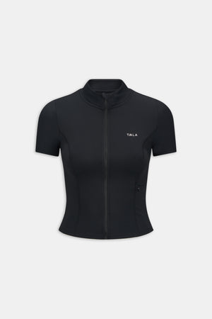 SkinLuxe Zip Through Short Sleeve Running Top - Shadow Black