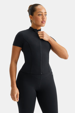 SkinLuxe Zip Through Short Sleeve Running Top - Shadow Black