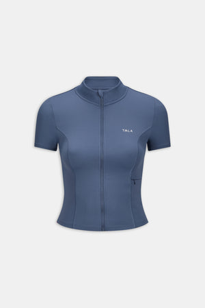 SkinLuxe Zip Through Short Sleeve Running Top - Vintage Blue