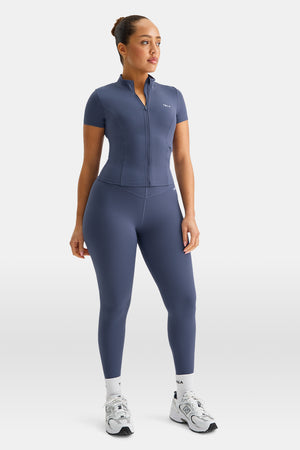 SkinLuxe Zip Through Short Sleeve Running Top - Vintage Blue