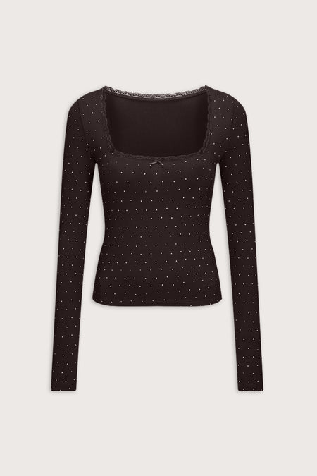 Lace Trim Pyjama Top - Americano Polka Dot