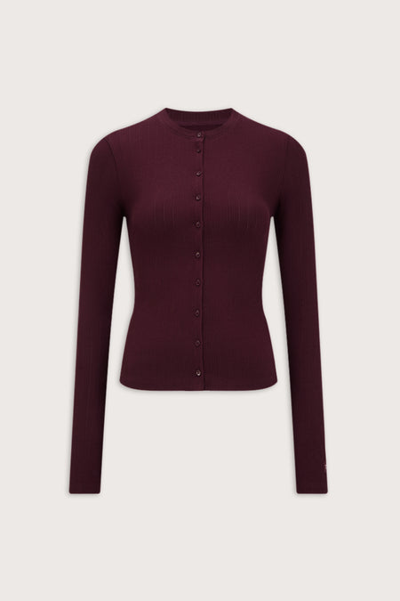 Pointelle Button Up Pyjama Cardigan - Burgundy Marl