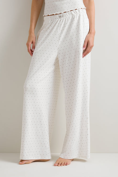 Pointelle Wide Leg Pyjama Bottoms - Ivory Polka Dot Print