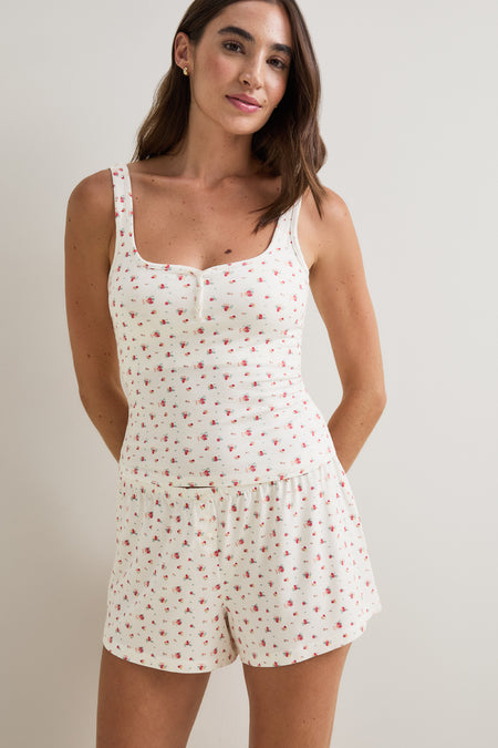 Button Pyjama Shorts - Ivory Floral Print