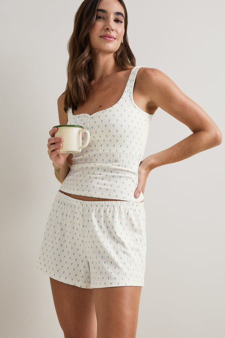 Button Pyjama Shorts - Blue Stripe Palm Print