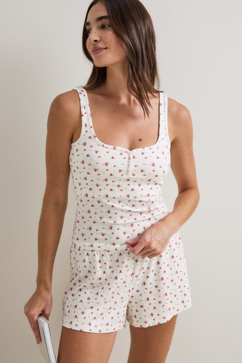 Sweetheart Henley Pyjama Vest - Ivory Floral Print