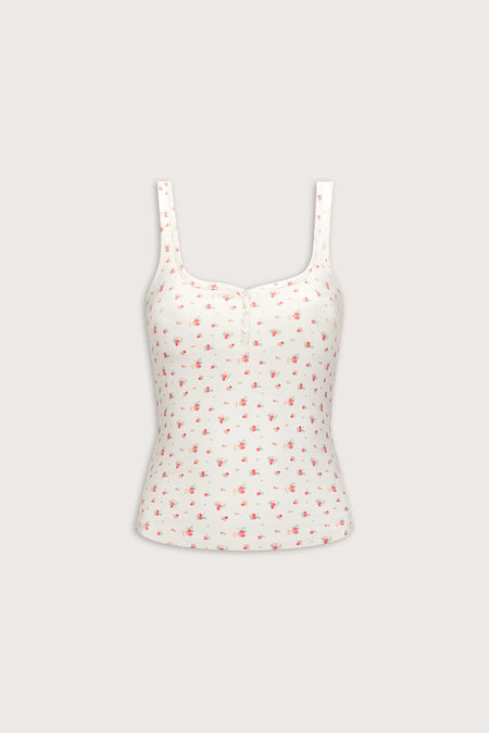 Sweetheart Henley Pyjama Vest - Ivory Floral Print