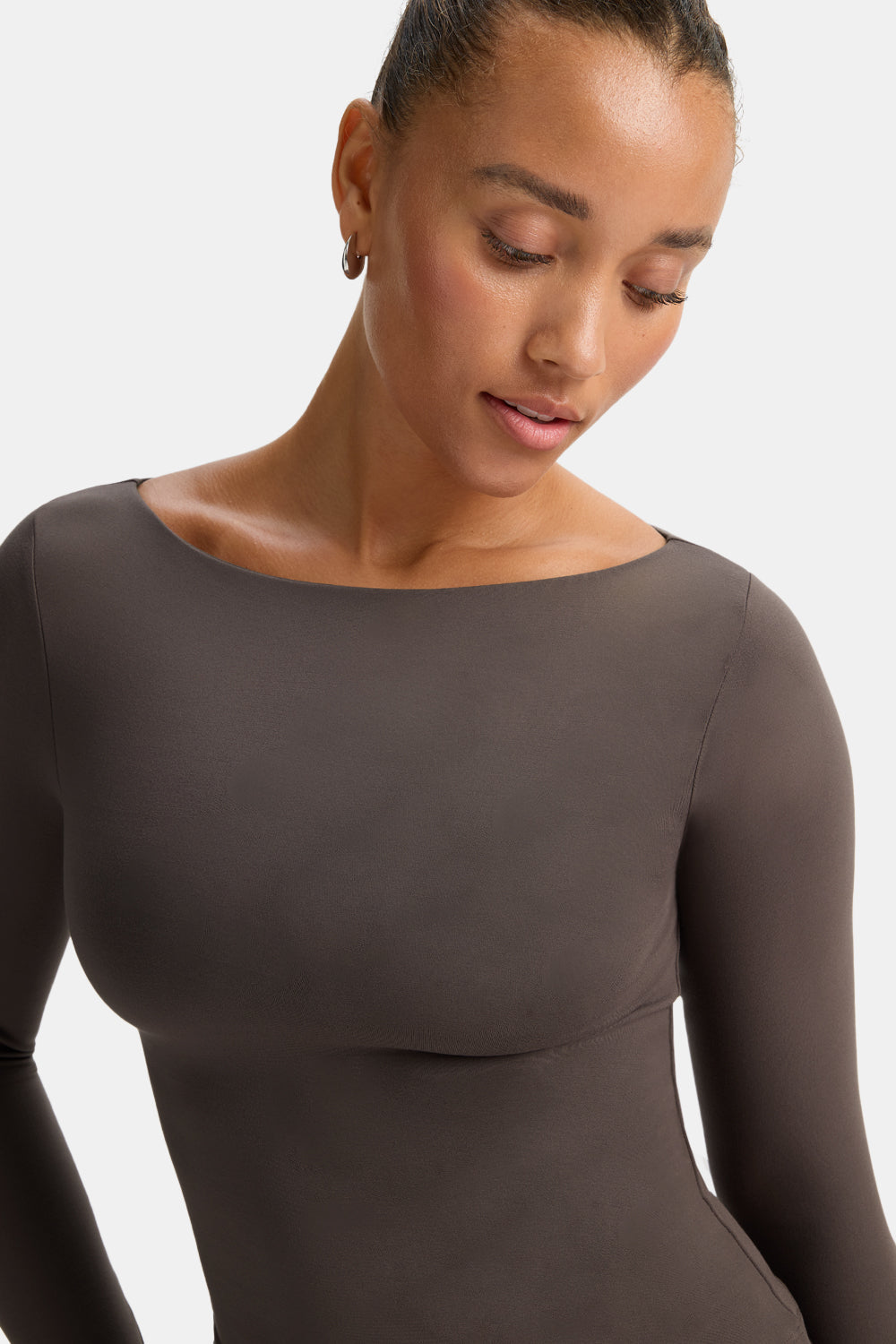 365 Boat Neck Long Sleeve Top - Mocha Brown