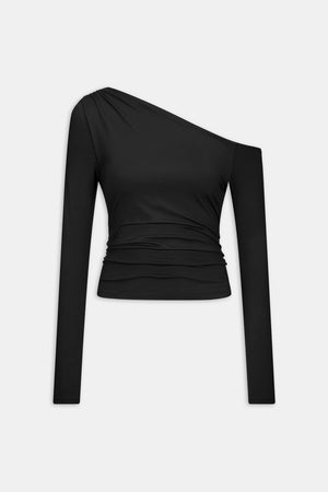 365 Asymmetric Ruched Long Sleeve Top - Black