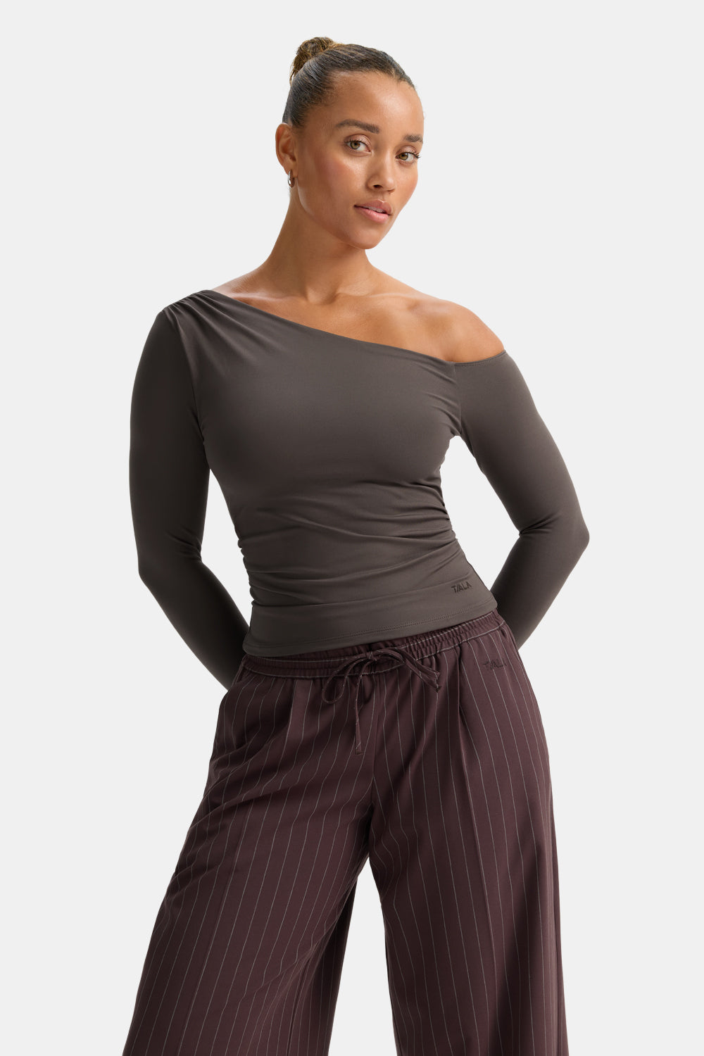 365 Asymmetric Ruched Long Sleeve Top - Mocha Brown